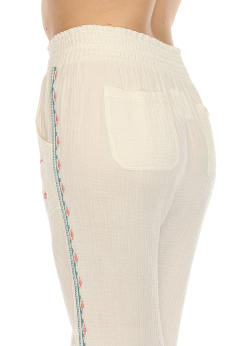 Johnny Was Biya White Embroidered Gauze Wide Leg Pants JW0090