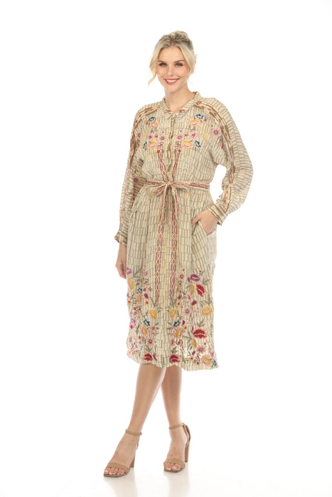 Johnny Was Biya Style B37923A6 Fairlie Belted Silk Embroidered Midi Shirt Dress Boho Chic