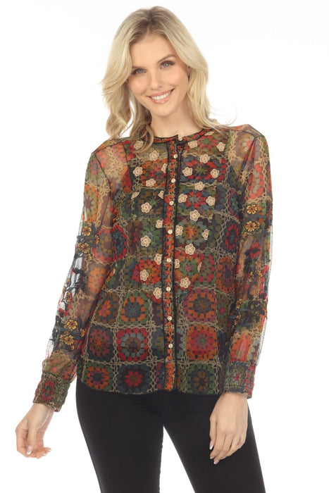 Johnny Was Biya Style B11123 Flavie Mesh Embroidered Blouse Boho Chic