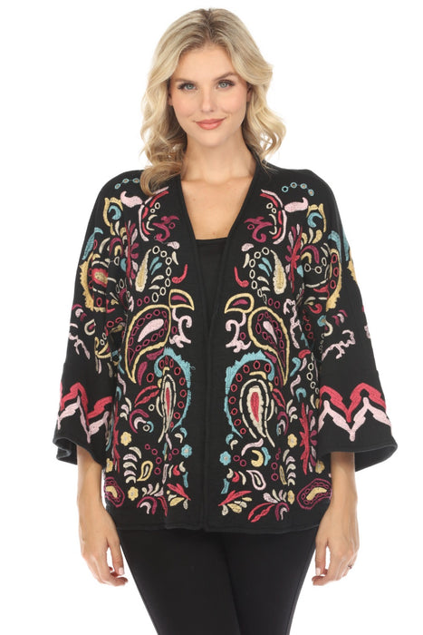 Johnny Was Biya Style B56424 Black Fletcher Paisley Embroidered Short Kimono Boho Chic