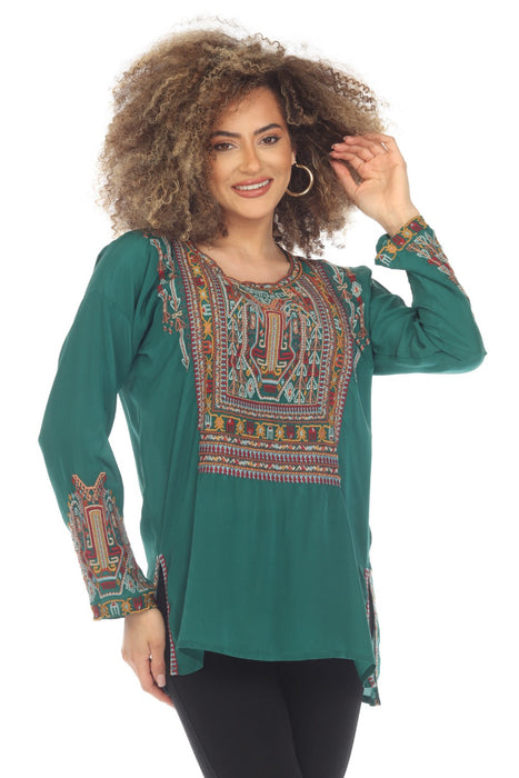 Johnny Was Biya Style B12123 Forest Pine Jaina Silk Embroidered Long Sleeve Blouse Boho Chic