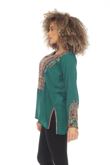 Johnny Was Biya Jaina Silk Embroidered Long Sleeve Blouse Boho Chic B12123