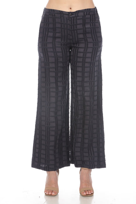 Johnny Was Biya Style B68124 Graphite Grey Check Embroidered Wide Leg Pants