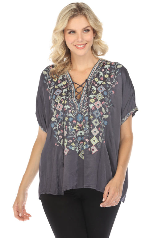 Johnny Was Biya Style B14019 Hendaya Embroidered Satin Blouse Boho Chic