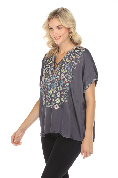 Johnny Was Biya Hendaya Embroidered Satin Blouse B14019 Boho Chic