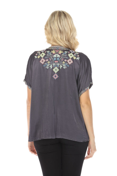 Johnny Was Biya Hendaya Embroidered Satin Blouse B14019 Boho Chic