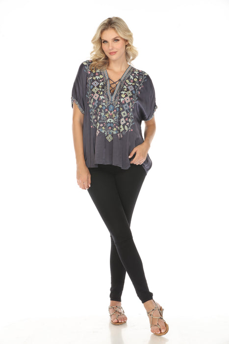 Johnny Was Biya Hendaya Embroidered Satin Blouse B14019 Boho Chic