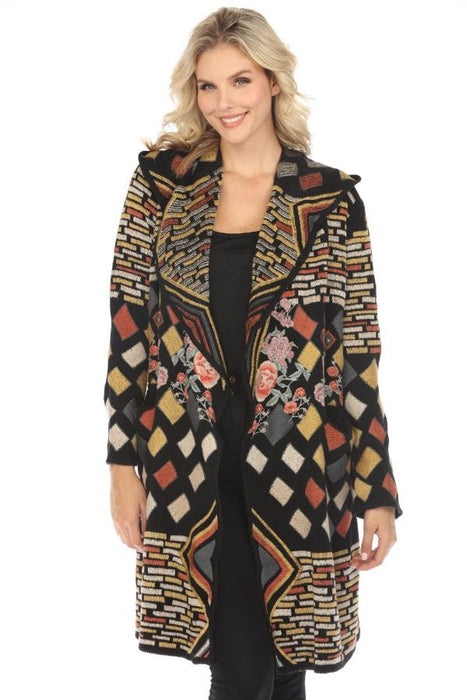 Johnny Was Biya Black Embroidered Hooded Cardigan Duster B63219 AfterRetail