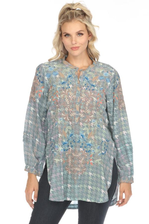 Johnny Was Biya Style B23623A8 Houndstooth Embroidered Tunic Blouse Boho Chic