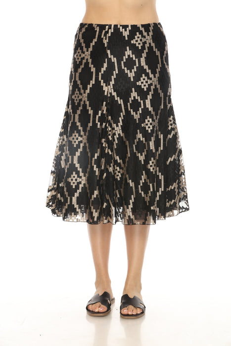 Johnny Was Biya Style B71223-O Black Jane Geometric Embroidered Mesh Midi Skirt