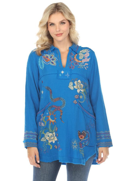 Johnny Was Biya Style B24424 Blue Leyva Embroidered Tunic Top Boho Chic