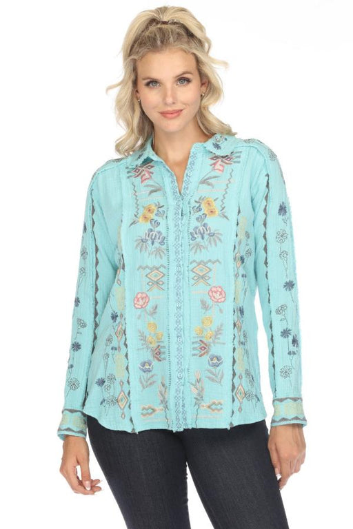 Johnny Was Biya Style B13324 Marine Blue Leyla Embroidered Button-Down Blouse Boho Chic