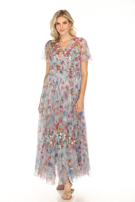 Johnny Was Biya Style B32024-2K Mazzy Flora Ruched Mesh Embroidered Maxi Dress