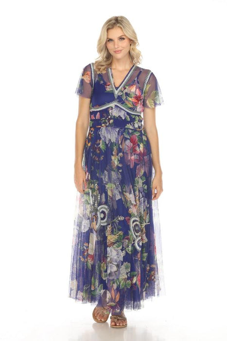 Johnny Was Biya Style B32424 Mazzy Ruched Floral Mesh Maxi Dress Boho Chic