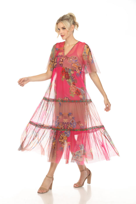 Johnny Was Biya Mazzy Tiered Floral Mesh Midi Dress Boho Chic B31724