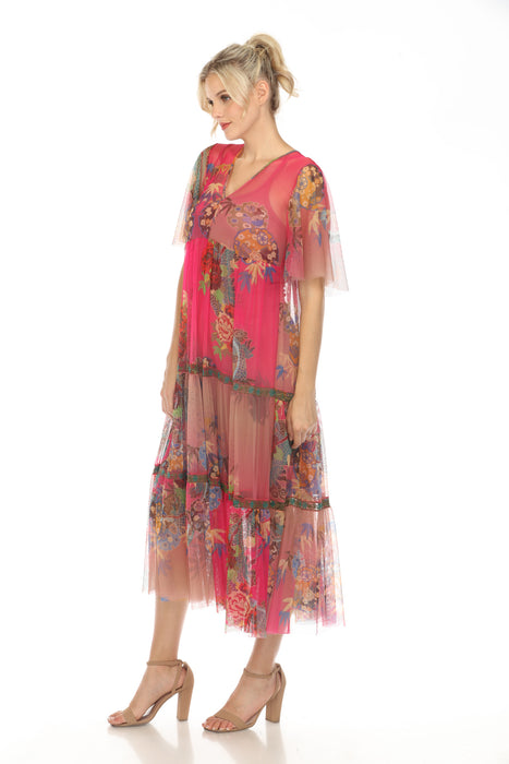 Johnny Was Biya Mazzy Tiered Floral Mesh Midi Dress Boho Chic B31724