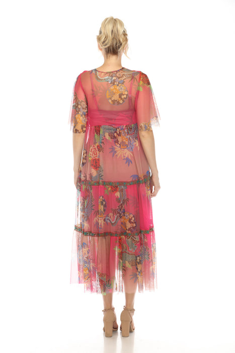 Johnny Was Biya Mazzy Tiered Floral Mesh Midi Dress Boho Chic B31724