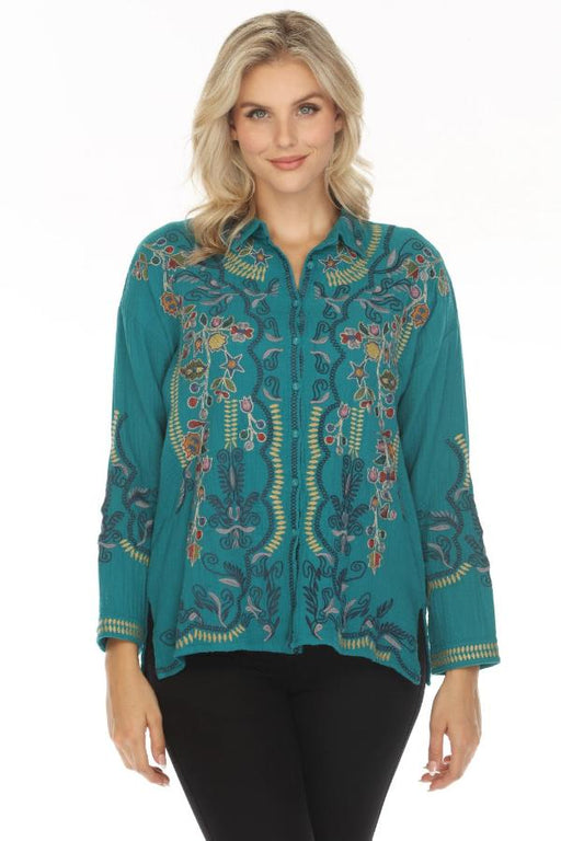 Johnny Was Biya Style B12423BE Green Merrick Embroidered Blouse Boho Chic