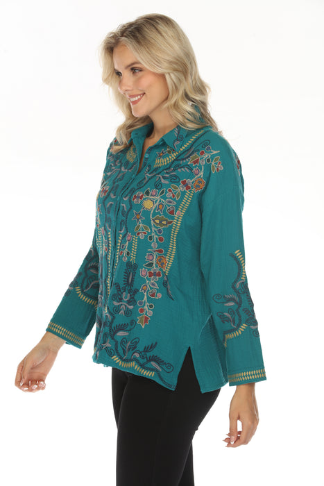 Johnny Was Biya Green Merrick Embroidered Blouse B12423BE Boho Chic