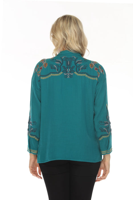 Johnny Was Biya Green Merrick Embroidered Blouse B12423BE Boho Chic