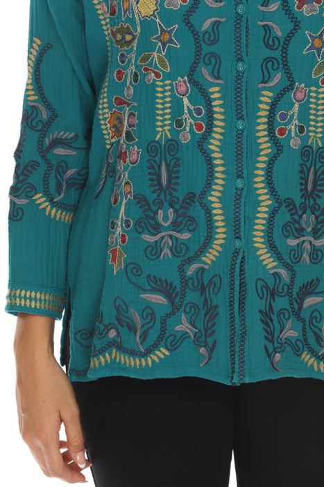 Johnny Was Biya Green Merrick Embroidered Blouse B12423BE Boho Chic