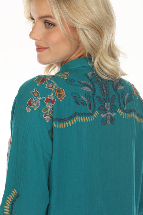 Johnny Was Biya Green Merrick Embroidered Blouse B12423BE Boho Chic