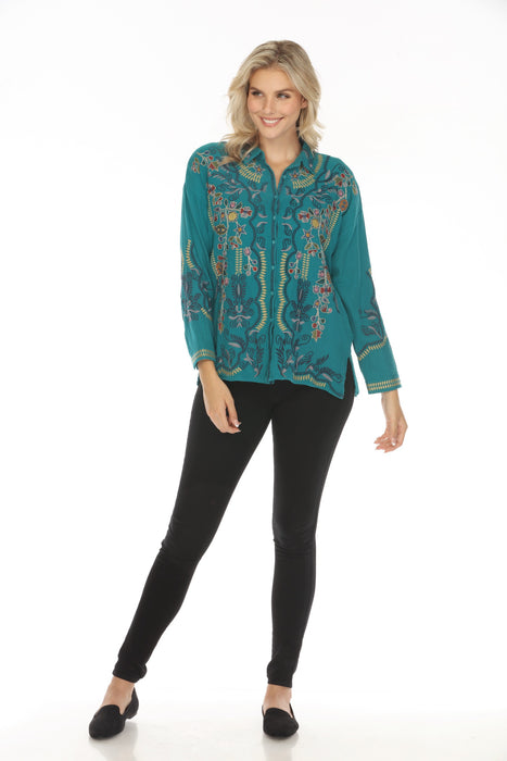 Johnny Was Biya Green Merrick Embroidered Blouse B12423BE Boho Chic