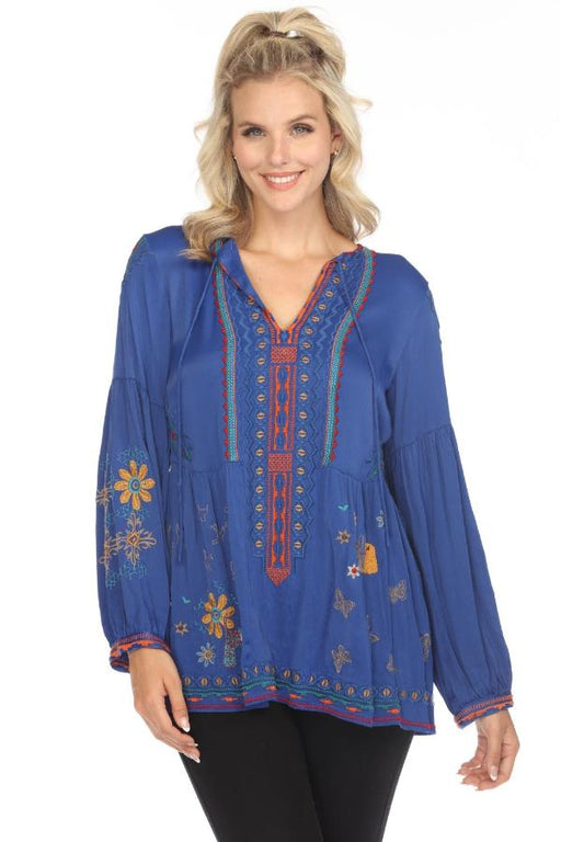 Johnny Was Biya Style B11823 Midnight Blue Tabira Embroidered Blouse Boho Chic