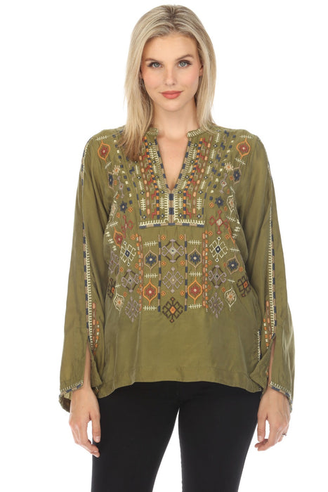 Johnny Was Biya Style B12323-E Moss Green Luca Embroidered Blouse Boho Chic