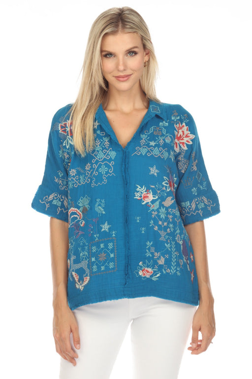 Johnny Was Biya Style B10423 Mykonos Blue Wodeleah Embroidered Short Sleeve Blouse Boho Chic