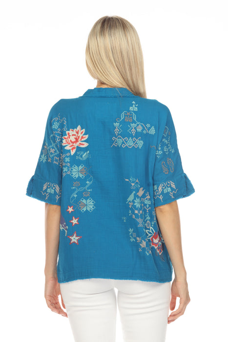 Johnny Was Biya Wodeleah Embroidered Short Sleeve Blouse Boho Chic B10423 *