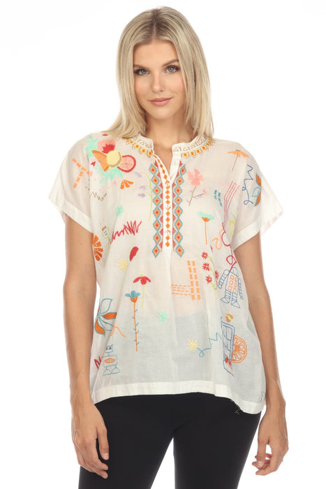 Johnny Was Biya Style B10523-4 Natural Lemona Embroidered Short Sleeve Blouse Boho Chic