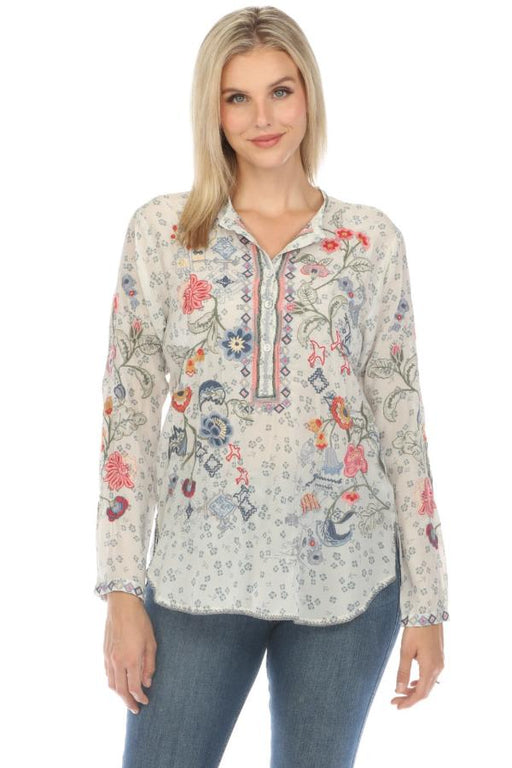 Johnny Was Biya Style B13224A2 Nya Silk Embroidered Floral Blouse Boho Chic