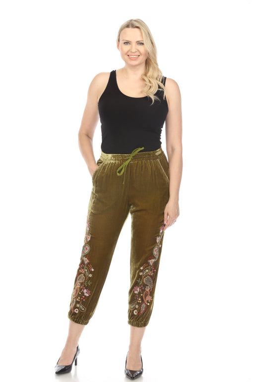 Johnny Was Biya Style B66723 Olive Green Lori Silk Blend Jogger Pants Boho Chic