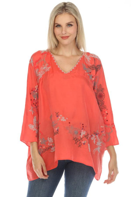 Johnny Was Biya Style B24024 Passion Fruit Luciana Embroidered Tunic Top Boho Chic