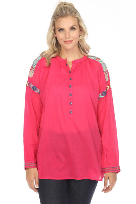 Johnny Was Biya Style B24224B3 Pink Beaded Embroidered Blouse Boho Chic