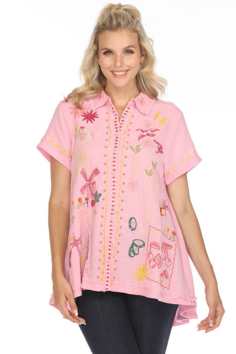 Johnny Was Biya Style B14224 Pink Faye Embroidered Button-Down Blouse Boho Chic