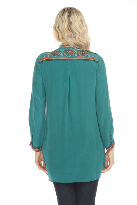 Johnny Was Myrtle Silk Blouse authentic Tunic Sea Turtle Shell Embroidered Size Small NWT