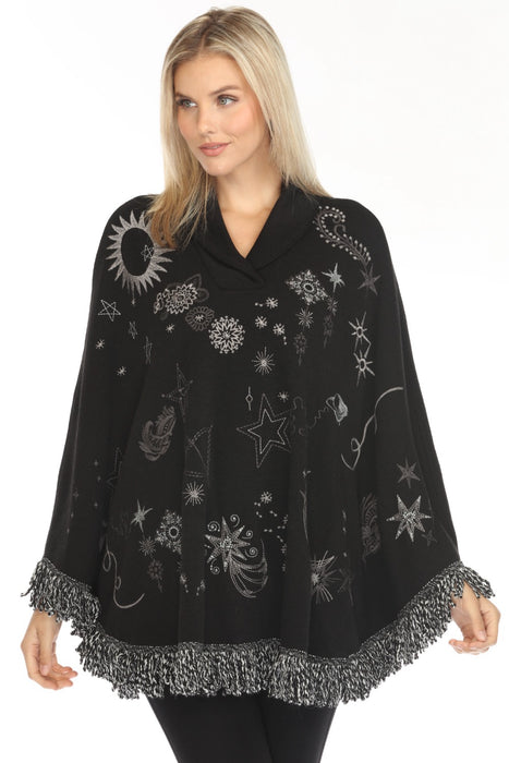 Johnny Was Biya Style B58224 Black Vega Fringe Embroidered Poncho