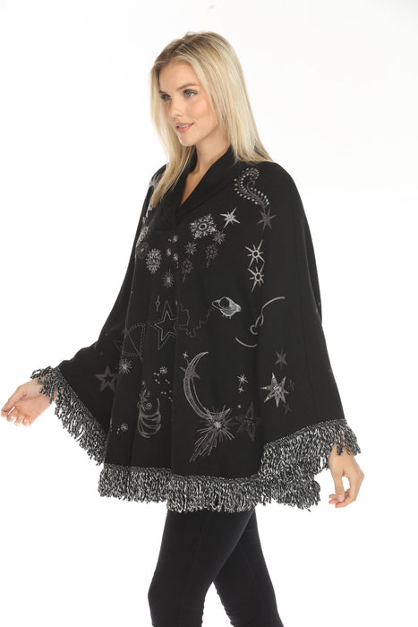 Johnny Was Biya Black Vega Fringe Embroidered Poncho B58224