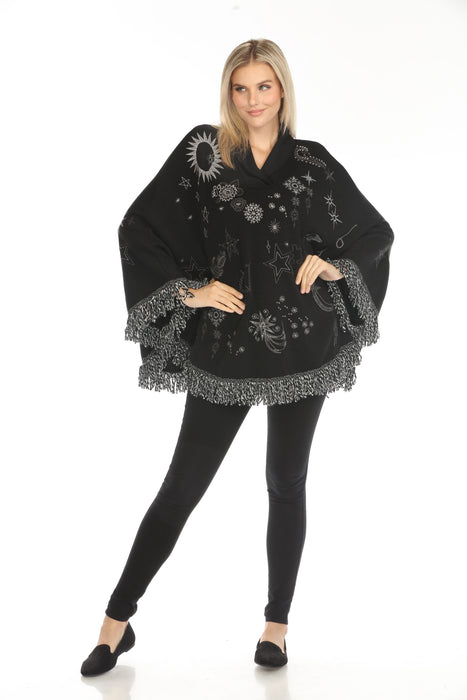 Johnny Was Biya Black Vega Fringe Embroidered Poncho B58224