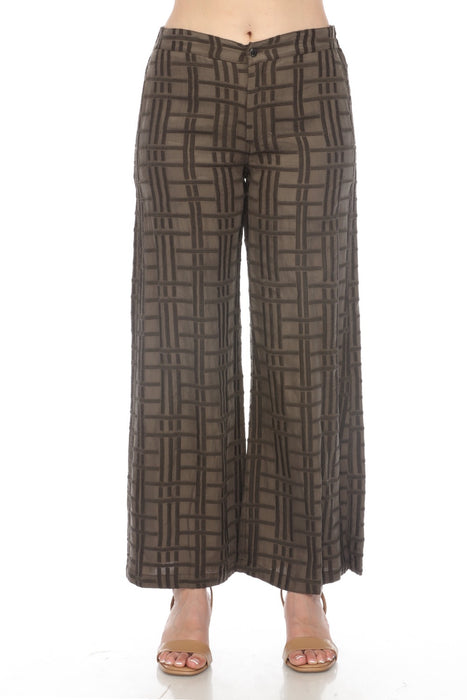 Johnny Was Biya Style B68124 Vintage Army Green Check Embroidered Wide Leg Pants