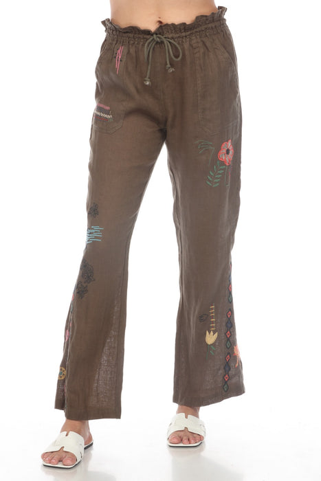 Johnny Was Biya Style B67524 Vintage Army Simmie Linen Embroidered Drawstring Pull On Pants Boho Chic