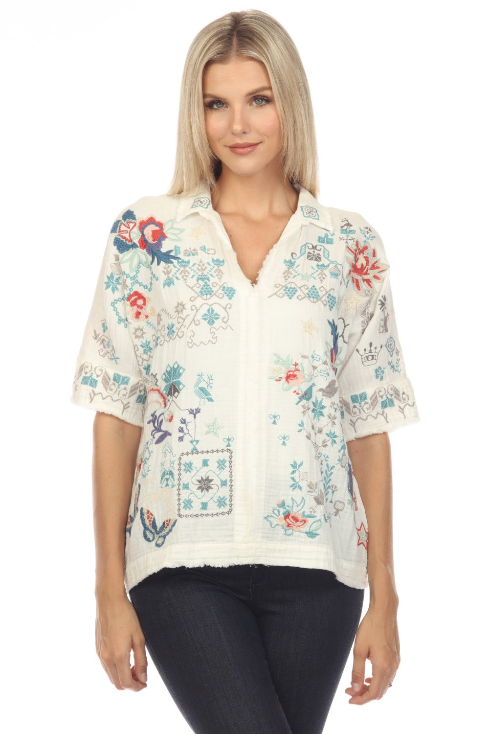 Johnny Was Biya Wodeleah Embroidered Short Sleeve Blouse Boho Chic B10 ...