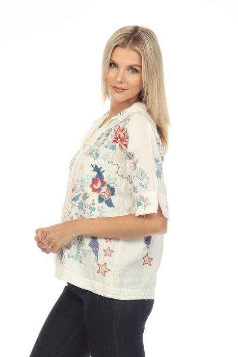 Johnny Was Biya Wodeleah Embroidered Short Sleeve Blouse Boho Chic B10423 *