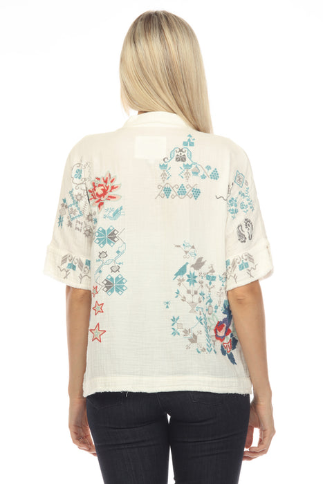 Johnny Was Biya Wodeleah Embroidered Short Sleeve Blouse Boho Chic B10423 *