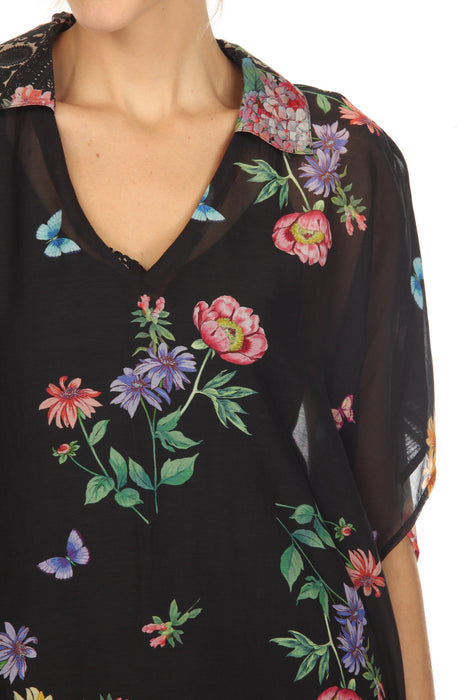 Johnny Was Black Butterfly Collared Swim Cover-Up Kaftan Dress Boho Chic CSW3523