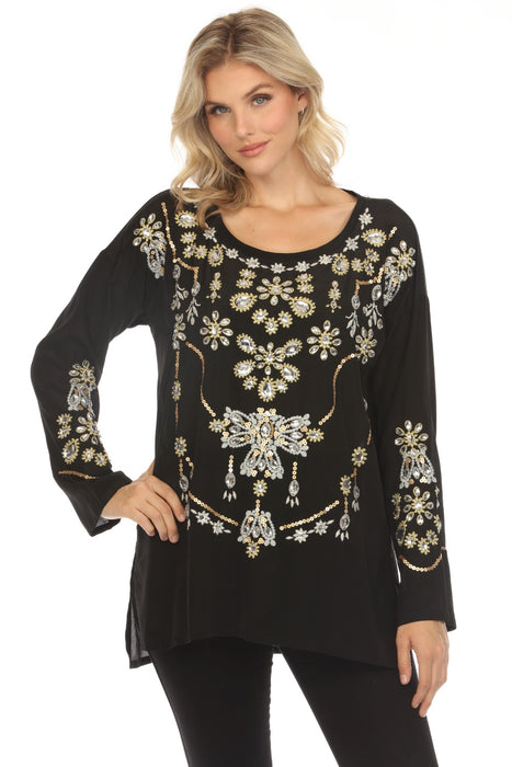 Johnny Was Biya Style C27222Black Embellished Long Sleeve Top