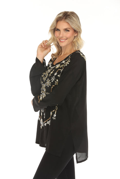 Johnny Was Biya Black Embellished Long Sleeve Top C27222