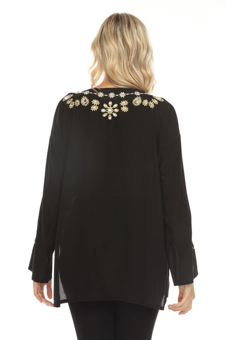 Johnny Was Biya Black Embellished Long Sleeve Top C27222